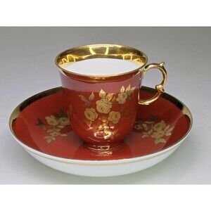 Vista Alegre Demitasse Cup & Saucer Gold Roses Red Enamel Lacquer Portugal Lira
